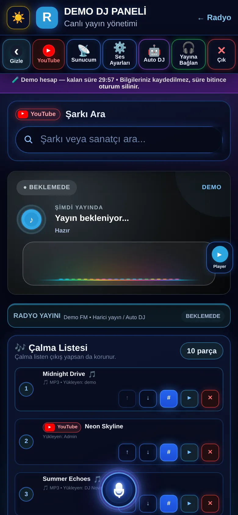 Demo paneli: kalan süre şeridi ve çalma listesi
