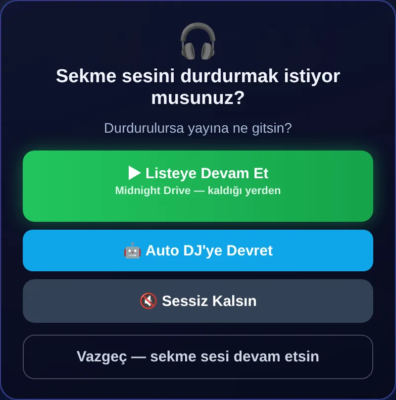 Durdurmadan önce sorulur: Listeye Devam Et, Auto DJ'ye Devret, Sessiz Kalsın, Vazgeç